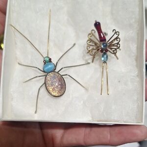 Elegant Gold and Blue Insect Brooch Set